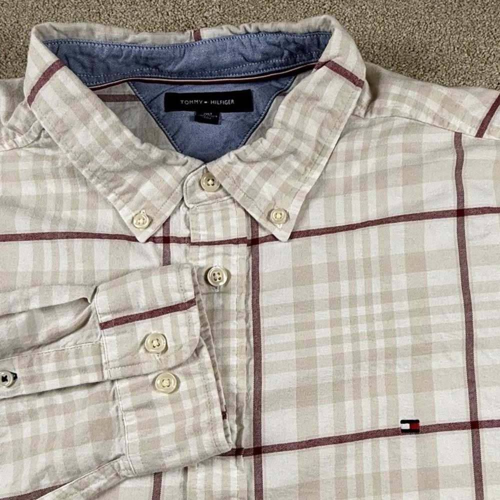 Tommy Hilfiger Mens 2XLT Plaid Button Down Shirt Cream Flannel‎ Tall Long Sleeve